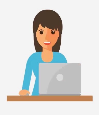 Cartoon of a woman in a teal shirt with dark hair behind an open laptop